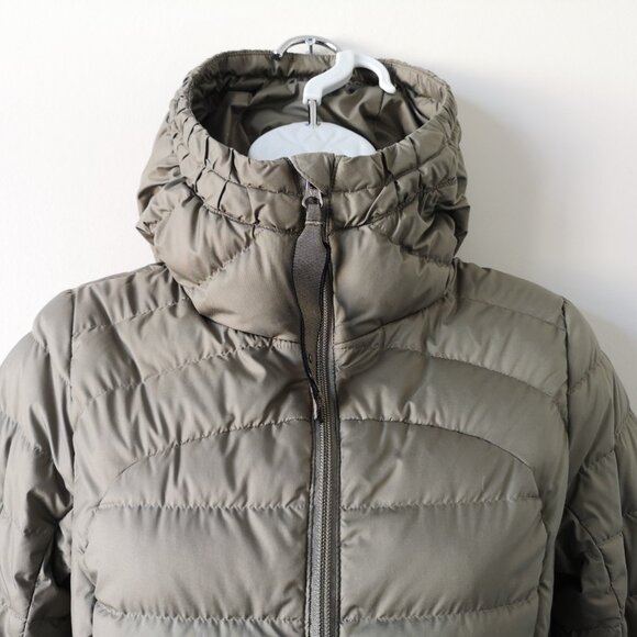 LULULEMON SOEA Brown Grey LTWT Goose Down Long Hooded 1 x A Lady Parka Jacket 4 - Picture 3 of 9